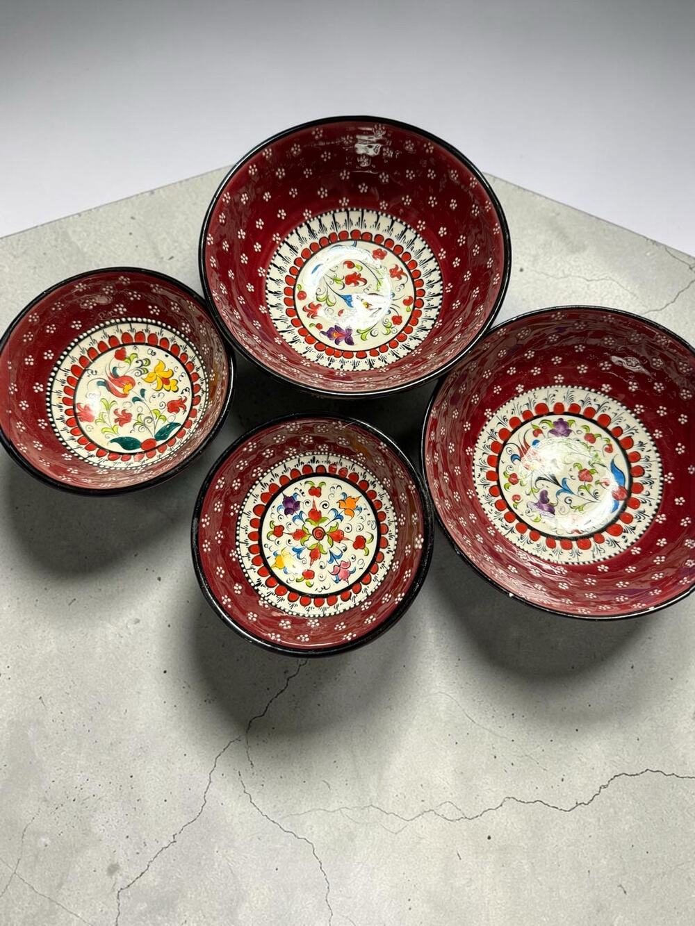 Nimet Handmade Hand Painted Turkish Bowl Set of 4 Red Floral Pottery
